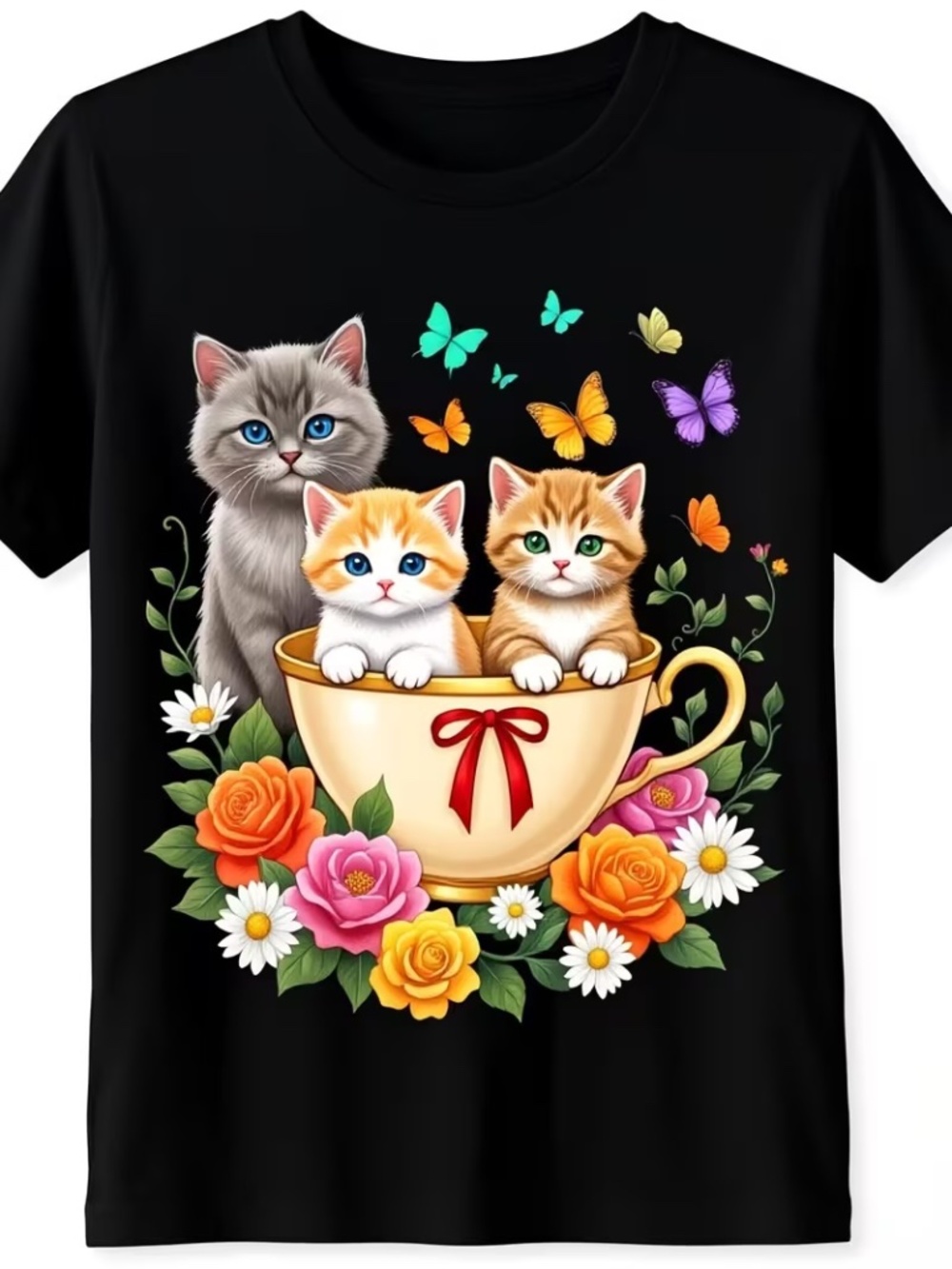 Three Kittens in Teacup Floral Graphic T-Shirt – 2X